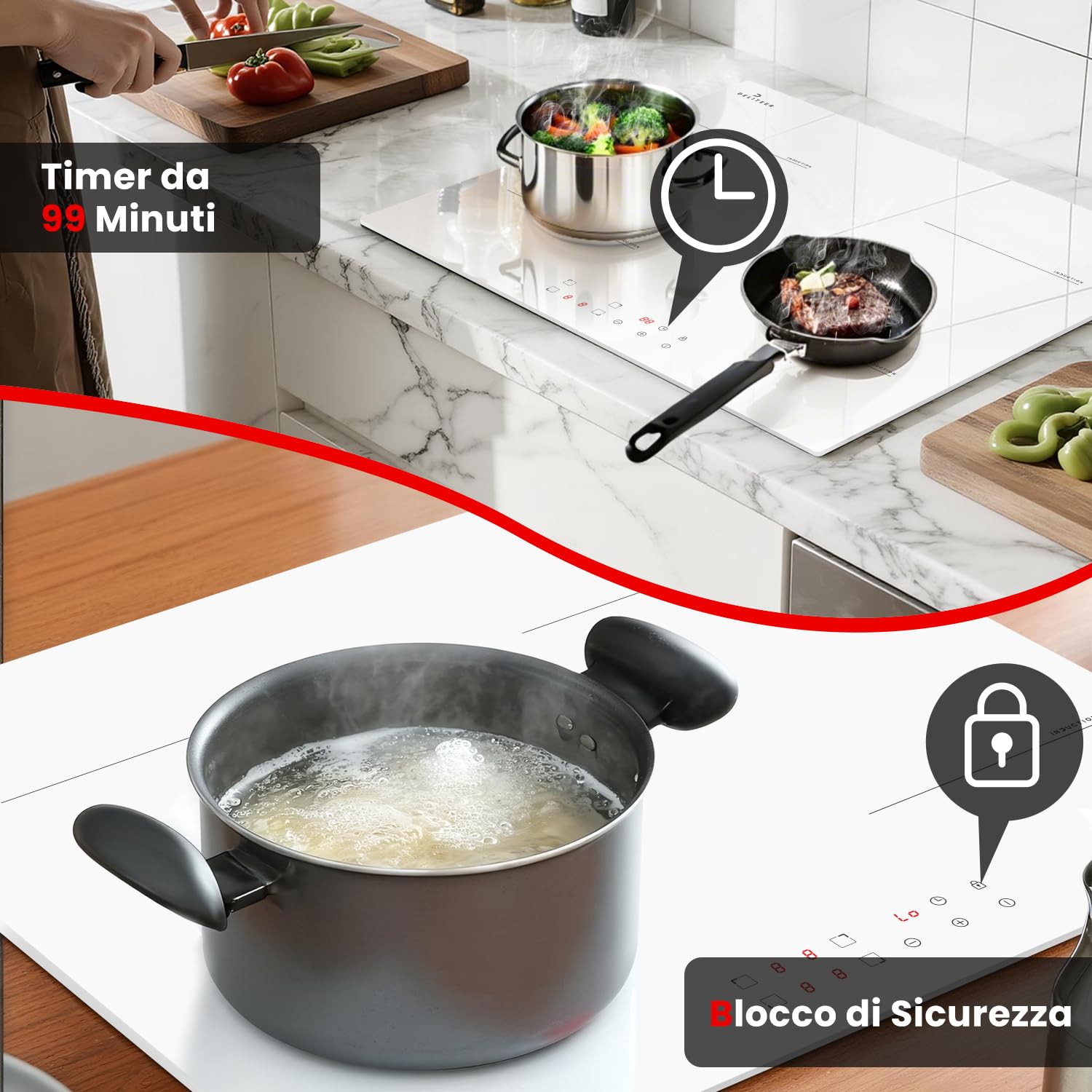 Piano Cottura a Induzione Bianco 4 Fuochi con Spina, Piastra a Induzione da Incasso 60CM, 3500W, Funzionamento Touch, Blocco di Sicurezza, Protezione da Surriscaldamento, 220V