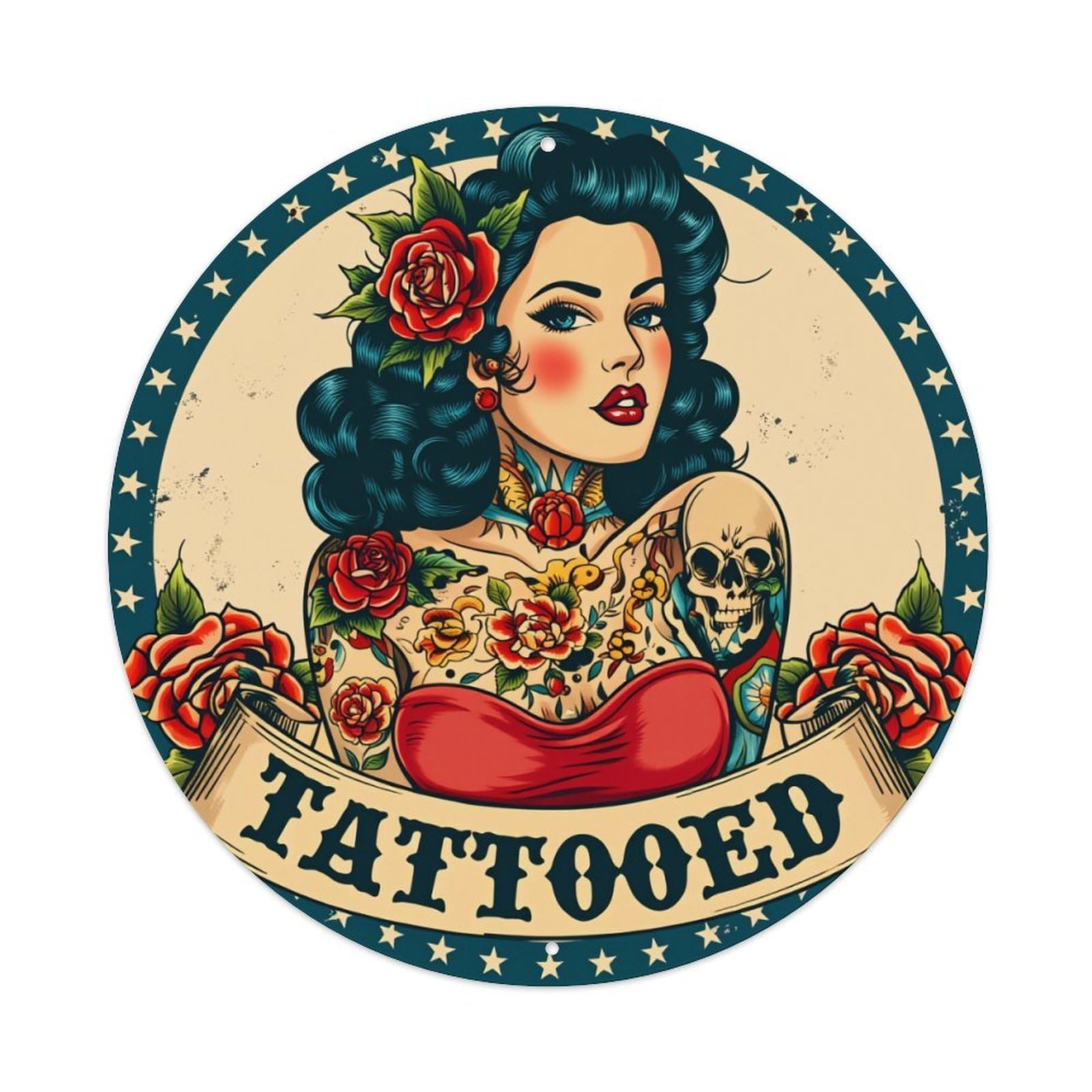 Tattooed Woman With Roses And Skull Round Tin Sign Retro Metal Sign for Cafe Bar Pub Home Game Room Gym Club Wall Decoration Vintage Metal Poster 8x8 Inch
