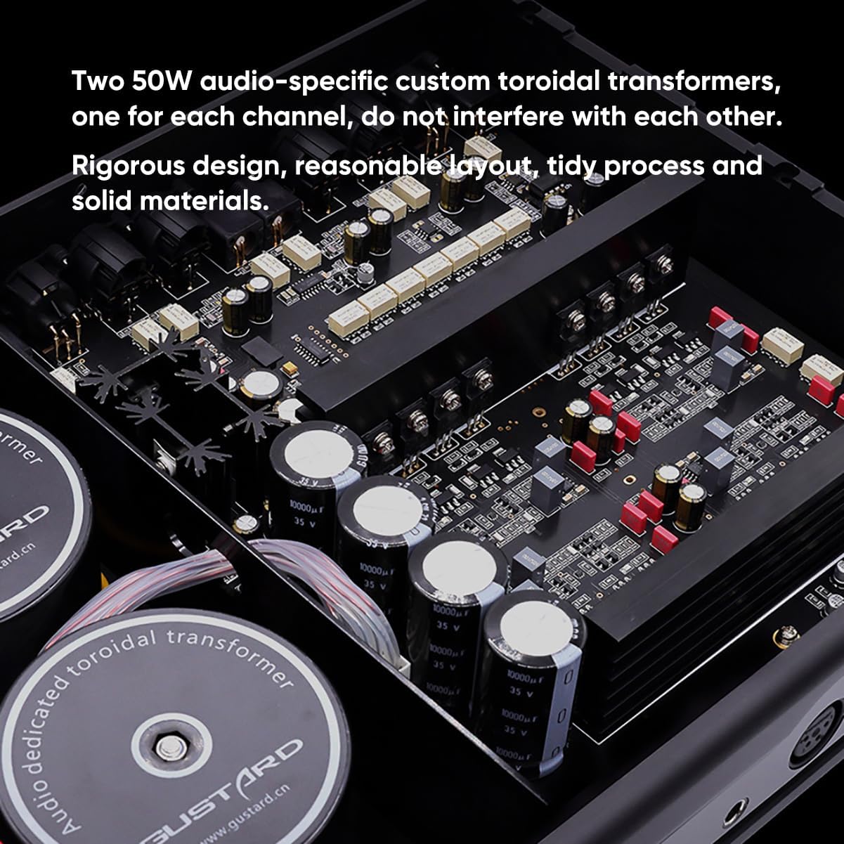 Intern view of Gustard H26 power supply with dual toroidal transformers