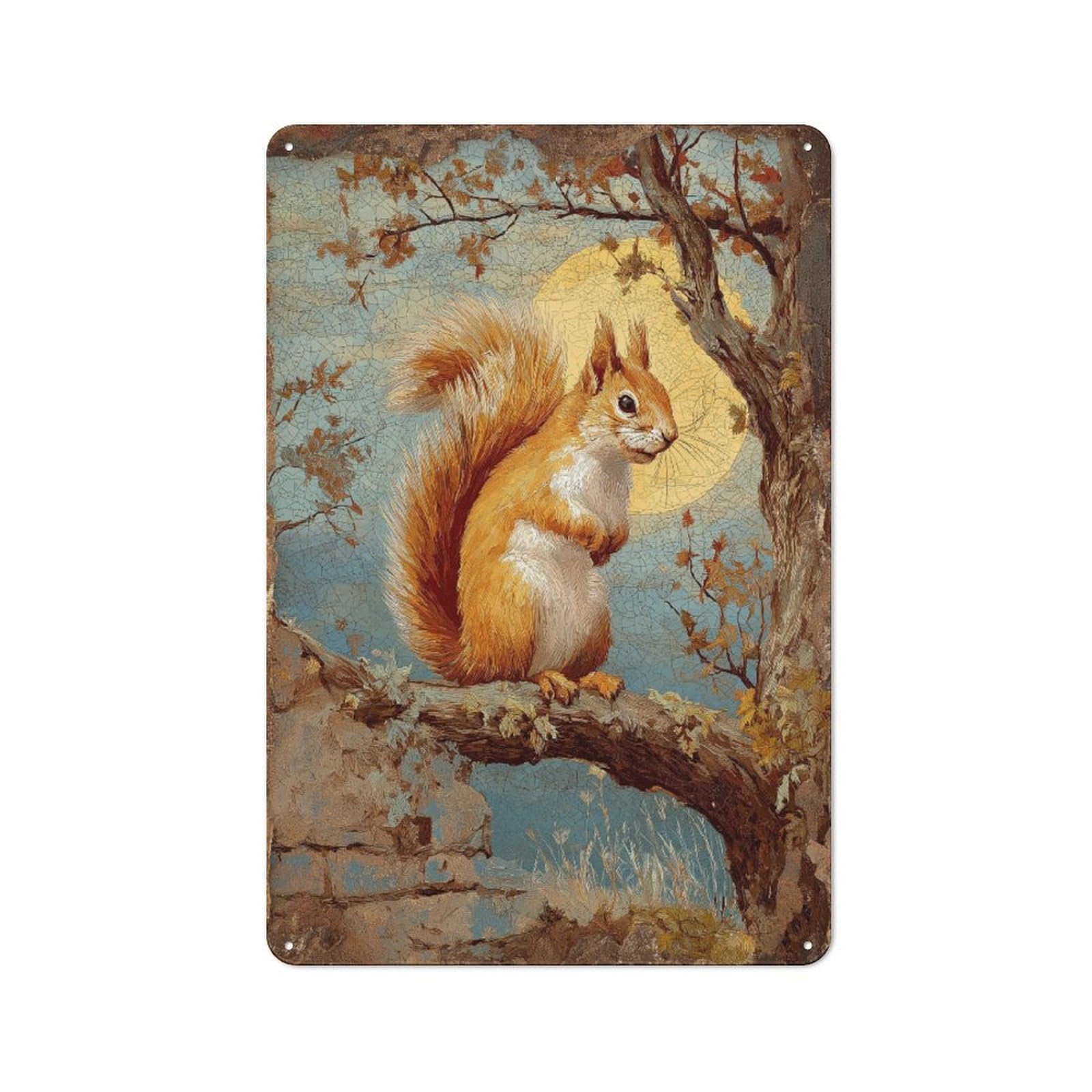 Junmoney Autumn Squirrel On Branch Country Metal Sign With Design 30X20cm, Farmhouse Farmhouse Wall Decor For Kitchen, Cottage, Porch Or Garden Room