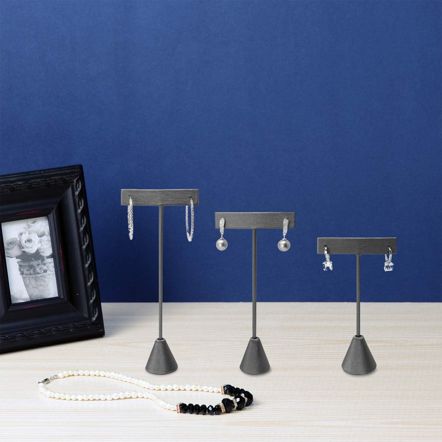 Ikee Design 6pcs Set Steel Grey Leatherette Earring T Stand Display Set with 3 Different Heights, T Shape Jewelry Earring Showroom and Tradeshow Showcase Displays, 4.5 H in; 5.75 H in; 6.75 H in