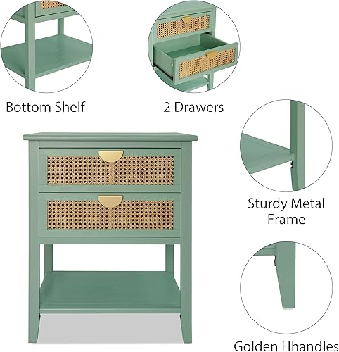 Miniatura 5 de Hdxdkog Mesita de noche de ratán, mesas auxiliares, moderna mesita de noche de madera con 2 cajones y estante de almacenamiento para sala de estar o