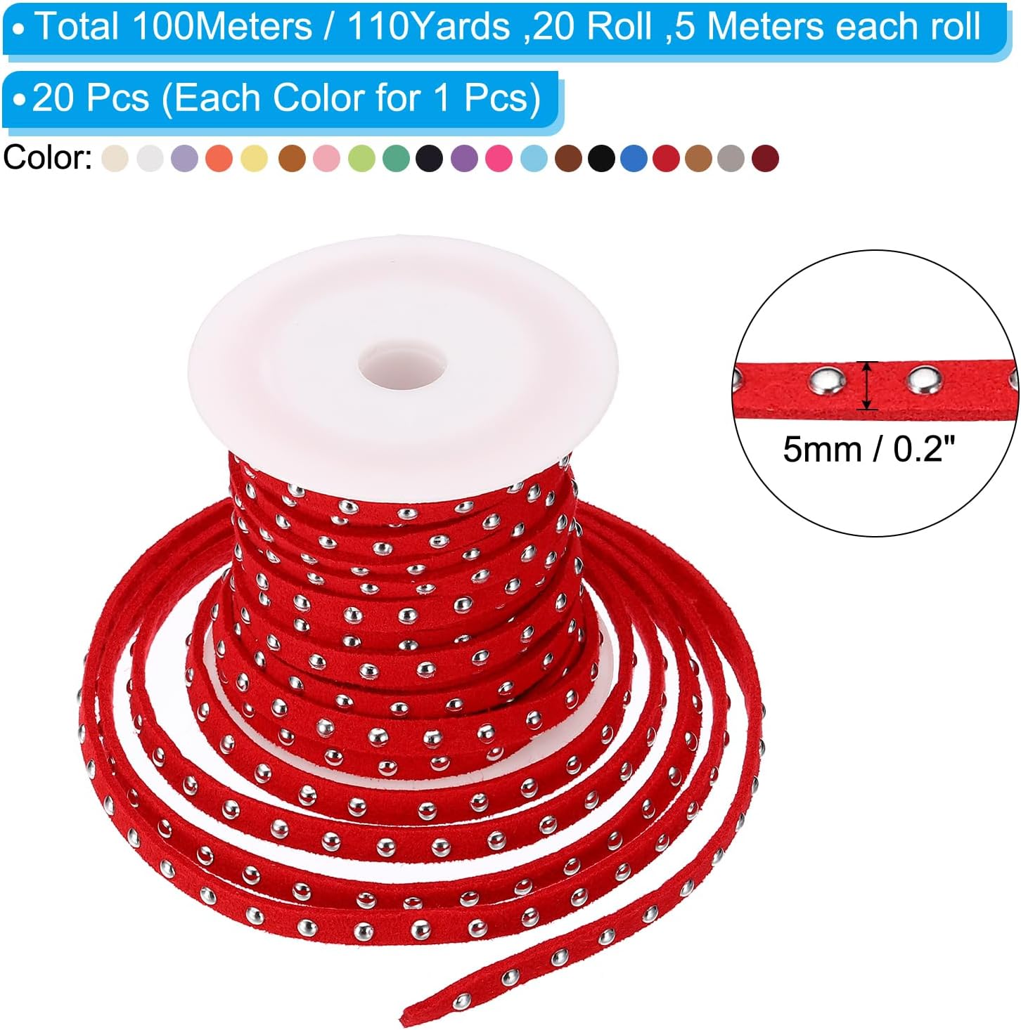 PATIKIL 109 Yards Studded Faux Suede Cord Rope for Jewelry Making, 20 Pack Each 5 Meter 5mm Micro Fibre Flat Leather Lace Beading String Ribbon, Silver Rivets 20 Colors