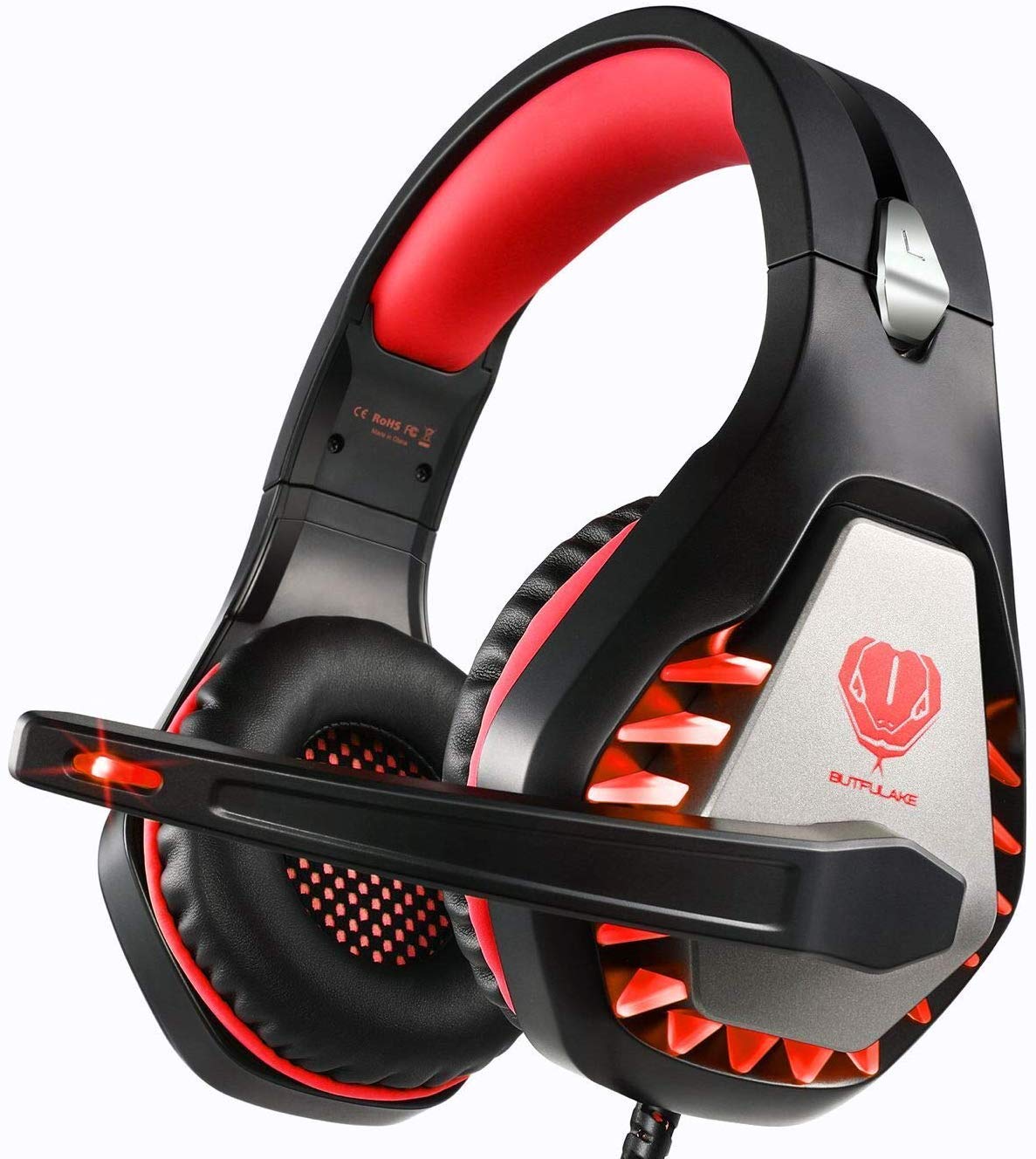 Gaming headset for PS5 PS4 Xbox One PC Headphones with Microphone LED Light Noise Cancelling Over Ear Compatible with Nintendo Switch Games Laptop Mac PS3 (Black Red)