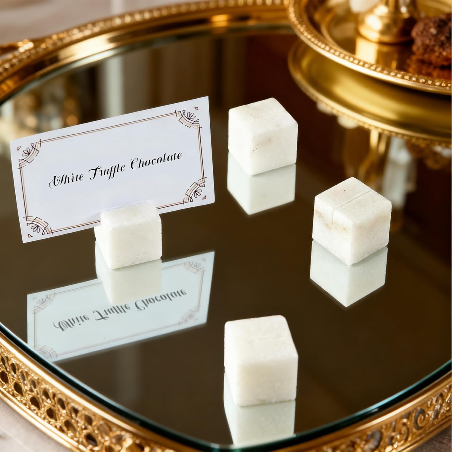 White Marble Cube Place Card Holders, Handmade Polished Card Stands, Simple and Elegant Sign Stand, Set of 4 Table Decor for Dinner Party, Wedding and Housewarming Present