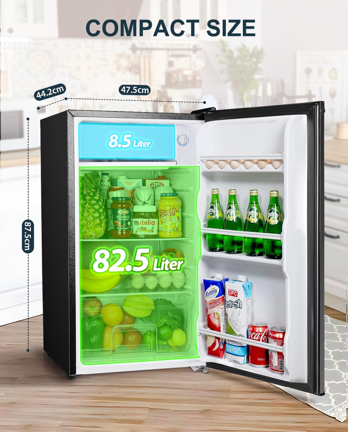 Upstreaman Under Counter Fridge, 91L Small Fridge Quiet for Bedroom and Dorms, Five Stage Temperature Control and Removable Shelves, Standard Refrigerator BR321 (Black) — view 2