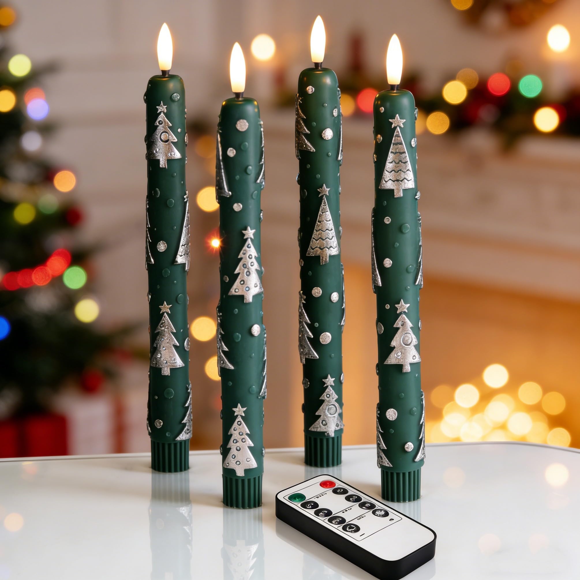Velas cónicas de cera auténtica verde premium con llama LED oscilante 8