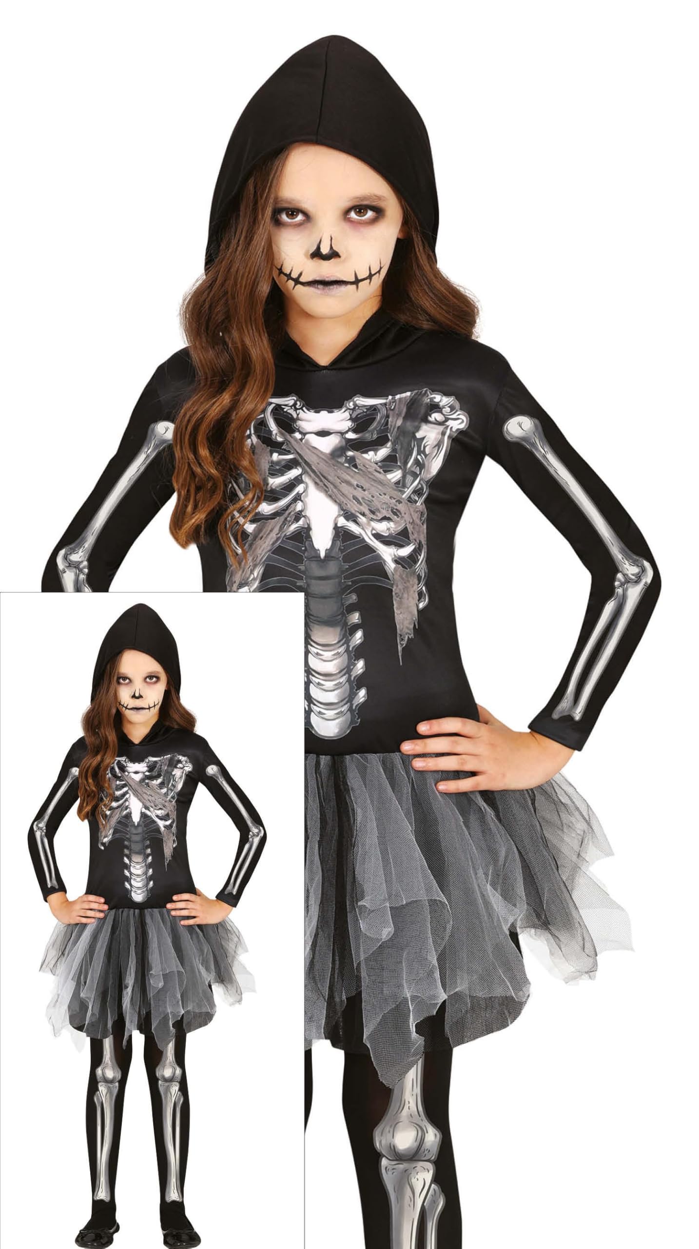 FIESTAS GUIRCA Hooded Tutu Skeleton Girls Fancy Dress Costume - Skeleton Kids Costume with 3D Print - Halloween Girls Costumes Age 3-4 Years