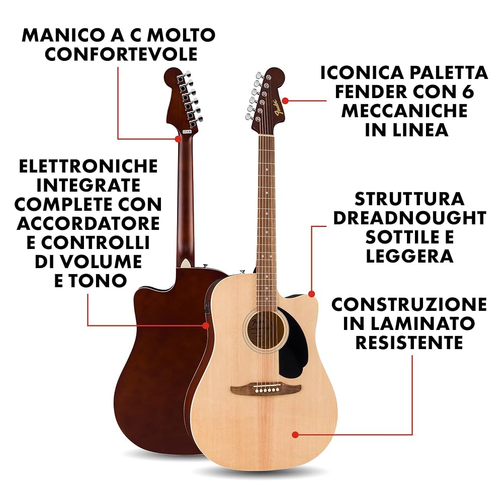Kit Chitarra Acustica Fender Per Principianti - Dreadnought Naturale Con Custodia, Supporto E Accessori