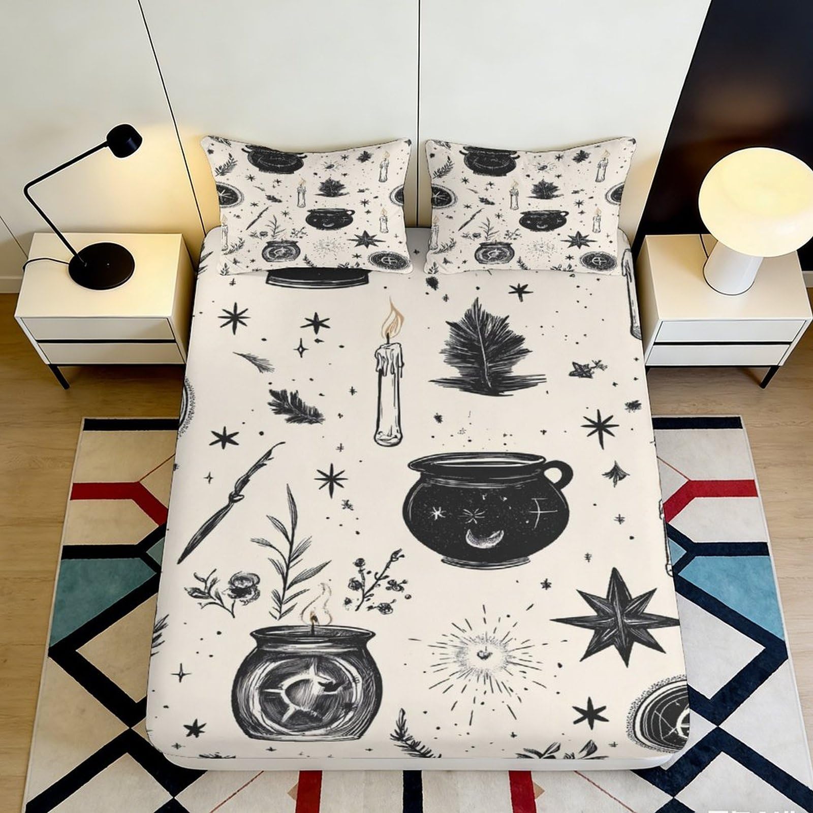 3D Printed Witchcraft Symbols Fitted Sheet Microfiber Soft Black Magic Cauldron Bed Cover for Bedroom Dorm Decor 90x200x25cm