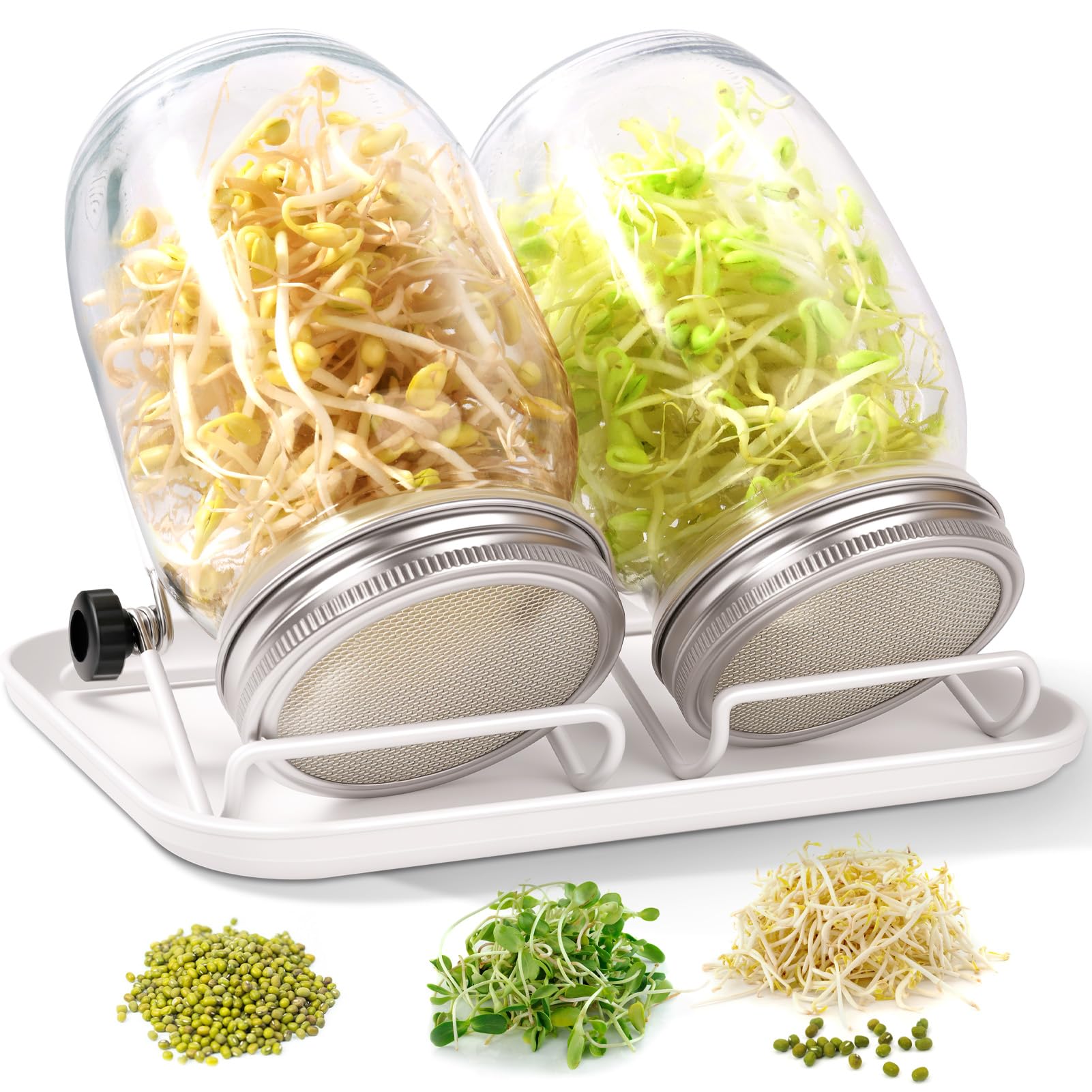 FoiiLiio Kit de Germinador de Semillas, 2 x 1000ml Frascos de Germinación, Incluye 2 Tapas de Colador de Acero Inoxidable, 2 Soportes, 1 Blanco Bandeja, Conjunto de Germinador