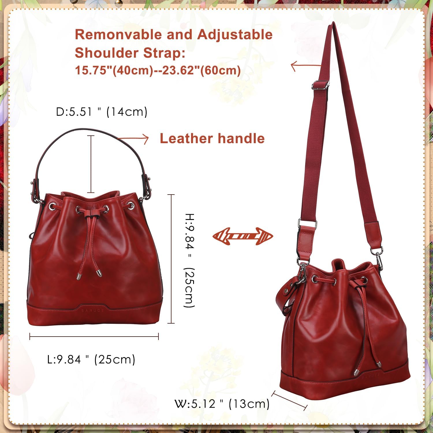 Banuce Full Grain Leather Bucket Bag for Women Crossbody Drawstring Bucket Purse for 9.7 inch iPad Vintage Red | Full Grain Leather, Oil-wax Leather, Removable Strap, Adjustable Strap - Image 5