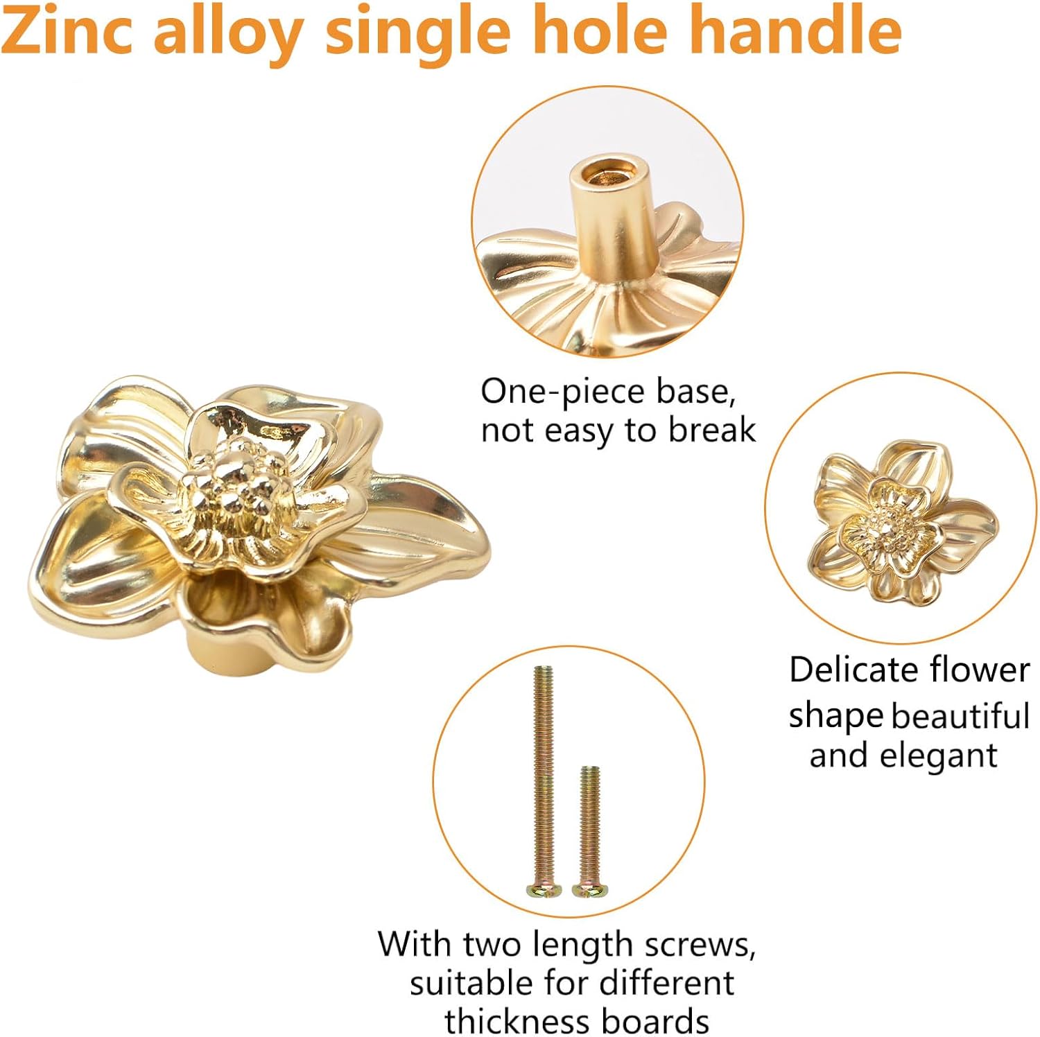 MOROBOR 6pcs Solid Brass Knobs Flower Shape Dresser Knobs Petal Drawer Knobs Creative Single Hole Zinc Alloy Pulls for Cabinet Dresser Door Drawer Pulls (Gold)