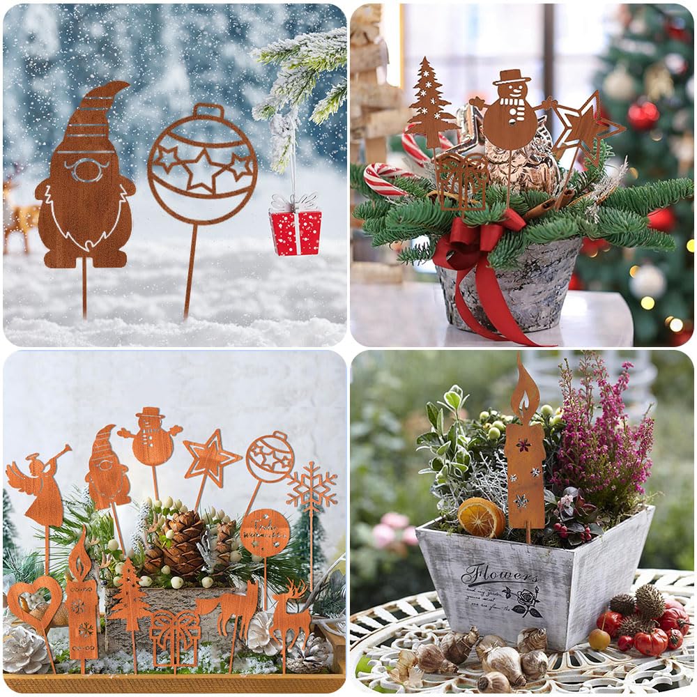 Piquets Fleurs Métal Rouille 16cm Lot 9 Piquets Décoratifs Forêt Hiver Métal Rouillé - Cerf Renard écureuil Piquets Déco Métal