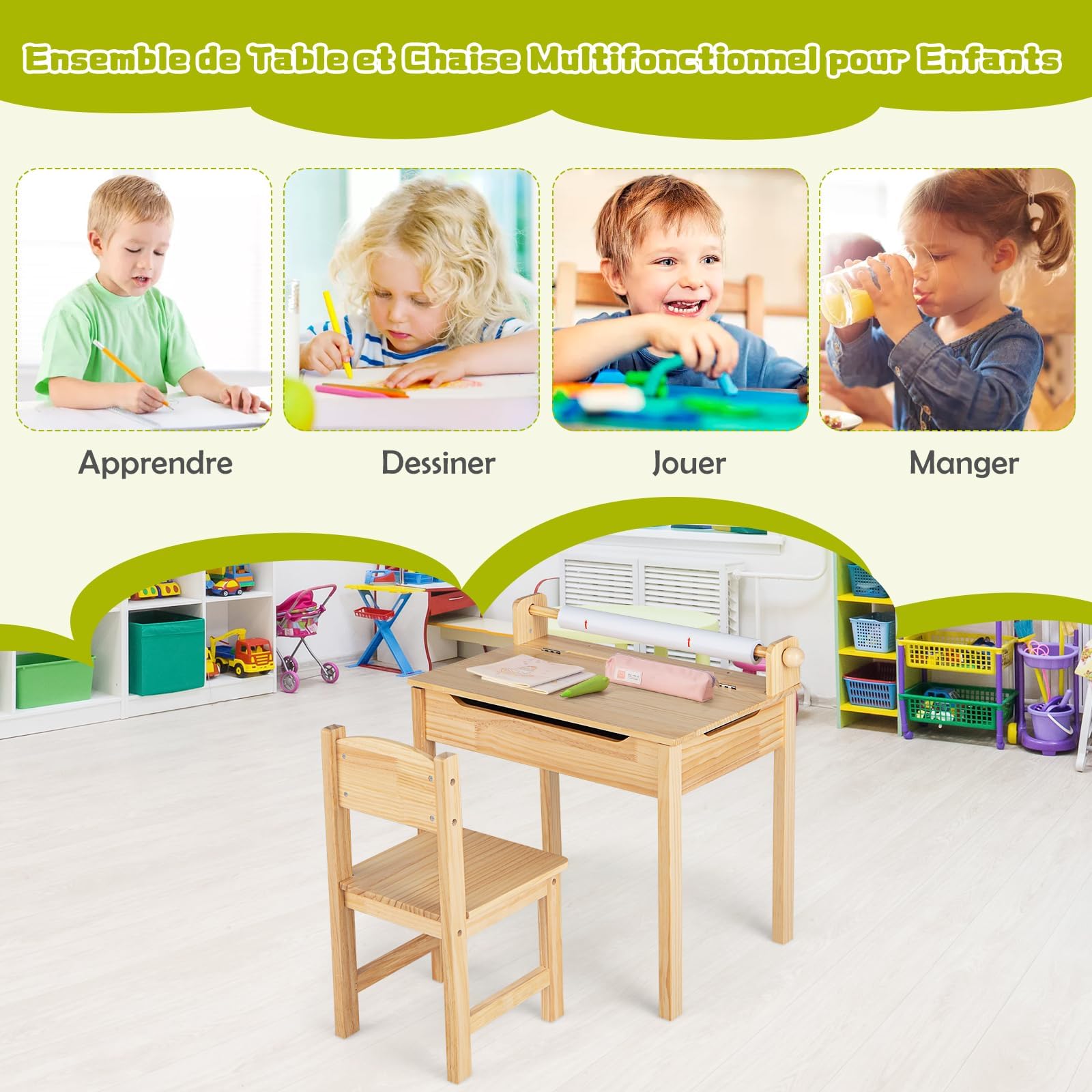 GOPLUS Bureau Enfant avec Chaise en Bois de Pin, Table à Dessin avec Rouleau Papier, Bureau d'Écriture avec Rangement, Charge 50kg, Naturel