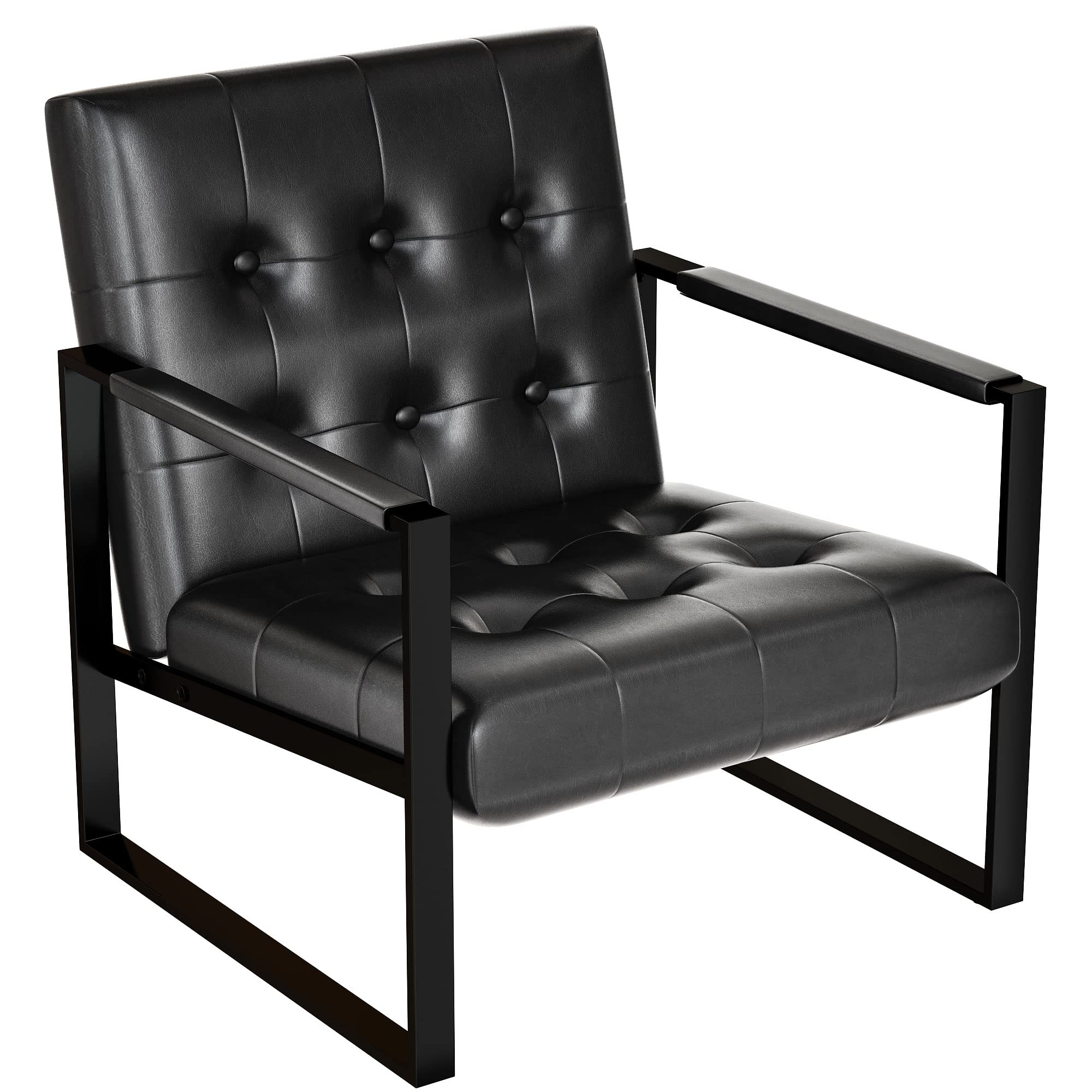 Lamerge Leather Accent Chair Set of 2 Living Room Chairs with Extra-Thick Padded Backrest & Seat Cushion Button Tufted Reading Chair, 105 Degree Slant Back, Black (ButtonTufted03)