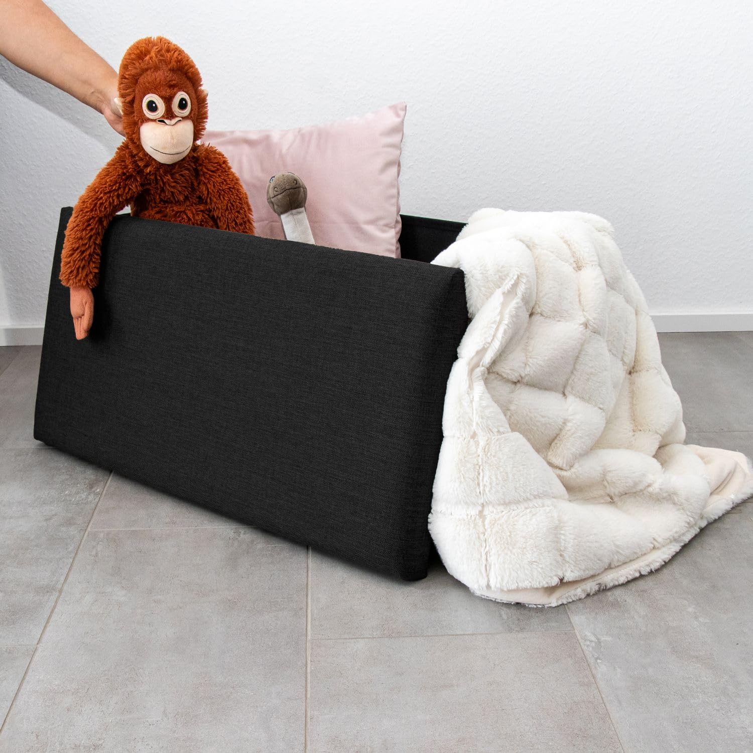 INTIRILIFE Puff Baúl Plegable 78x38x38 cm in Negro Diamante - Taburete Almacenaje Tapizado de Textil Tela Óptica Lino per Almacenamiento y Reposapiés - Asiento Silla Tejido Banqueto