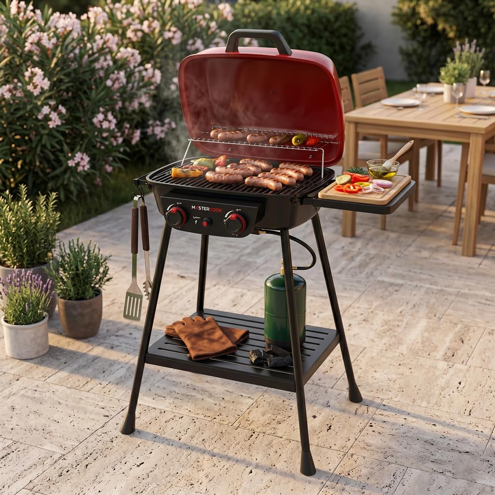 MasterCook - Barbecue a Gas 2 Bruciatori Rosso con Griglia in Ghisa e Scaldavivande, BBQ da Esterno con Accensione Piezoelettrica e Ruote, 76,8x51,9x90,4 cm