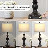 Vista 2 de Juego de 2 lámparas de mesa de 71 cm de estilo granja en negro, lámpara rústica para sala de estar con puertos USB C+A y salida de CA, lámpara