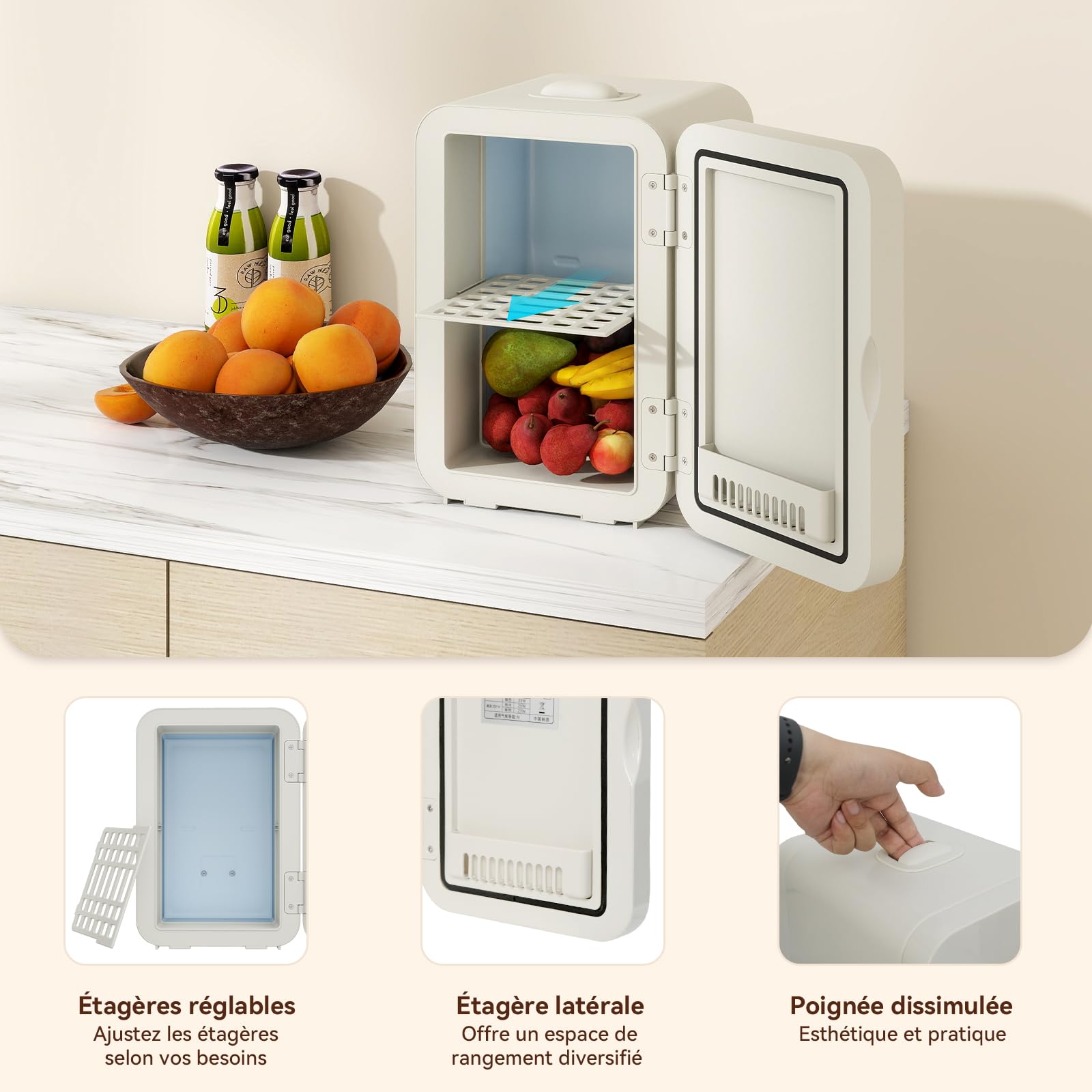 YOURLITE Mini Frigo de Chambre 8L, Mini Réfrigérateur Portable, Fonction Chaud Froid, Silencieux, 12V 240V, Beige
