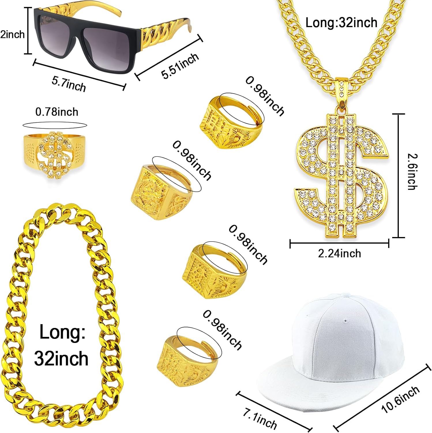 9Pack 80s 90s Rapper Costume Outfit Men Fake Gold Chain Hip Hop Sunglasses Dollar Sign Kanji Rings for Theme Party - Image 2