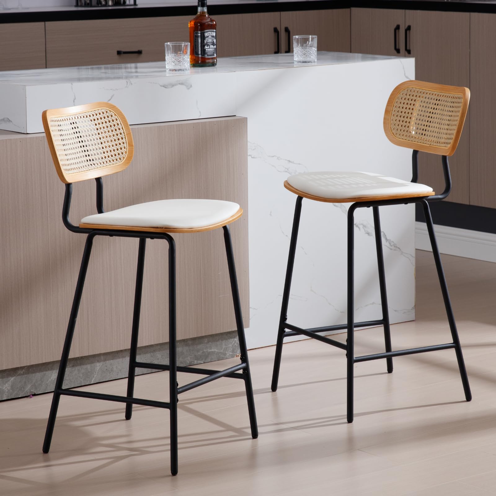 Modern Bar Stools Set of 2 High Chairs with Rattan Back,Kitchen Stools Upholstered in PU Cushion Counter Chairs with Black Legs for Home/Restaurant,White