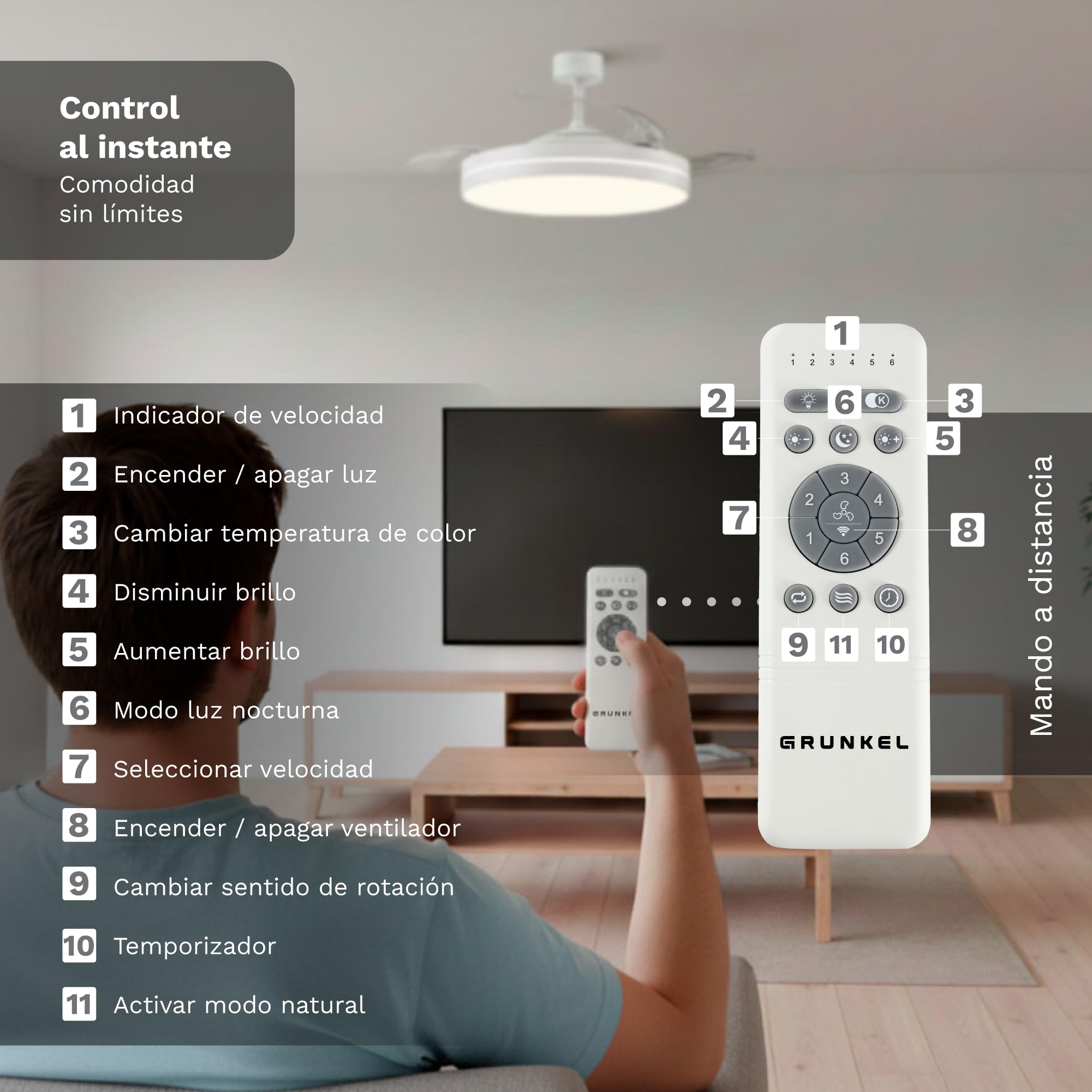 Grunkel SKYWHITE42 Ventilador de Techo 42” | Motor DC 30W | Aspas Retráctiles | Luz LED 24W | 6 Velocidades | Rotación Inversa | Mando a Distancia