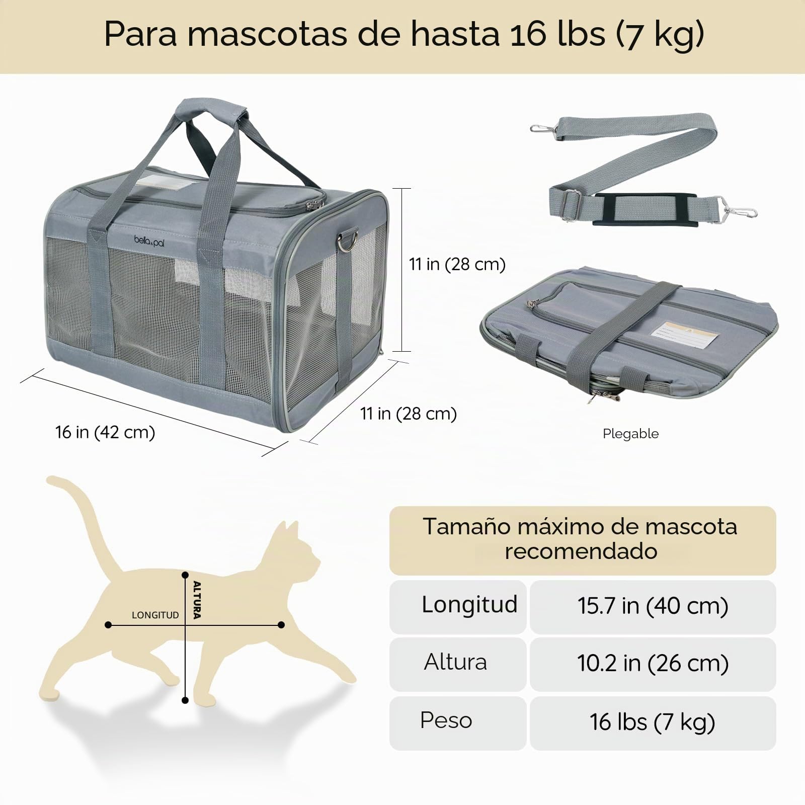 BELLA & PAL Transportín para Gatos/Cachorros, Bolsa Transporte para Mascotas, Bolsa Plegable para Gatos con Tela Resistente a Arañazos, Cremallera Antiescape, Adecuada para Viajes en Avión, M