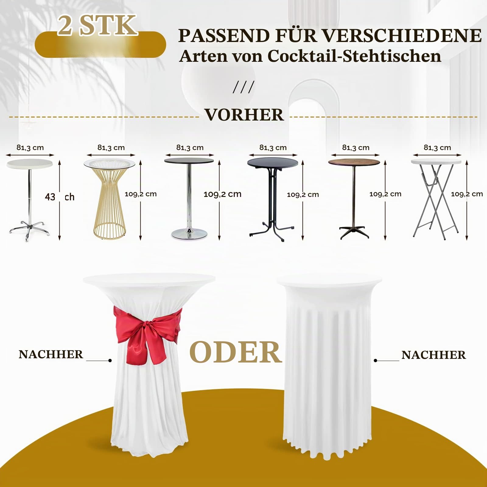 YMHPRIDE 2er-Set Weiße Stehtisch Hussen Stretch Stehtisch Tischdecke mit Rock, 80×110cm Runder Cocktail-Tischrock, Bistrotisch-Bartisch-Abdeckung für Party, Hochzeit, Banketttisch