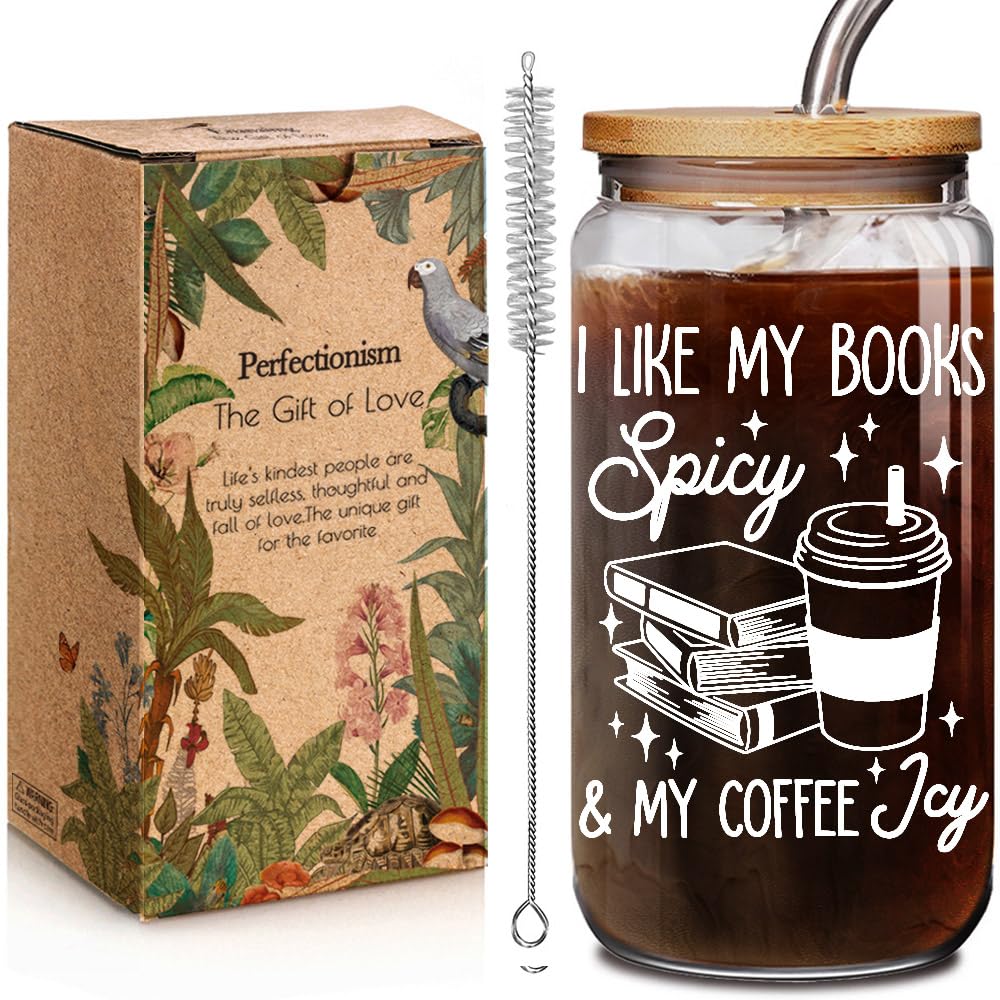 Enanaimg Spicy Book Lovers Gifts Mothers Day Reading Gifts for Book Lovers Women, Readers, Bookworm 16 oz Cute Glass Cups with Lids and Straws, I Like My Books Spicy & My Coffee Icy Bookish Gift