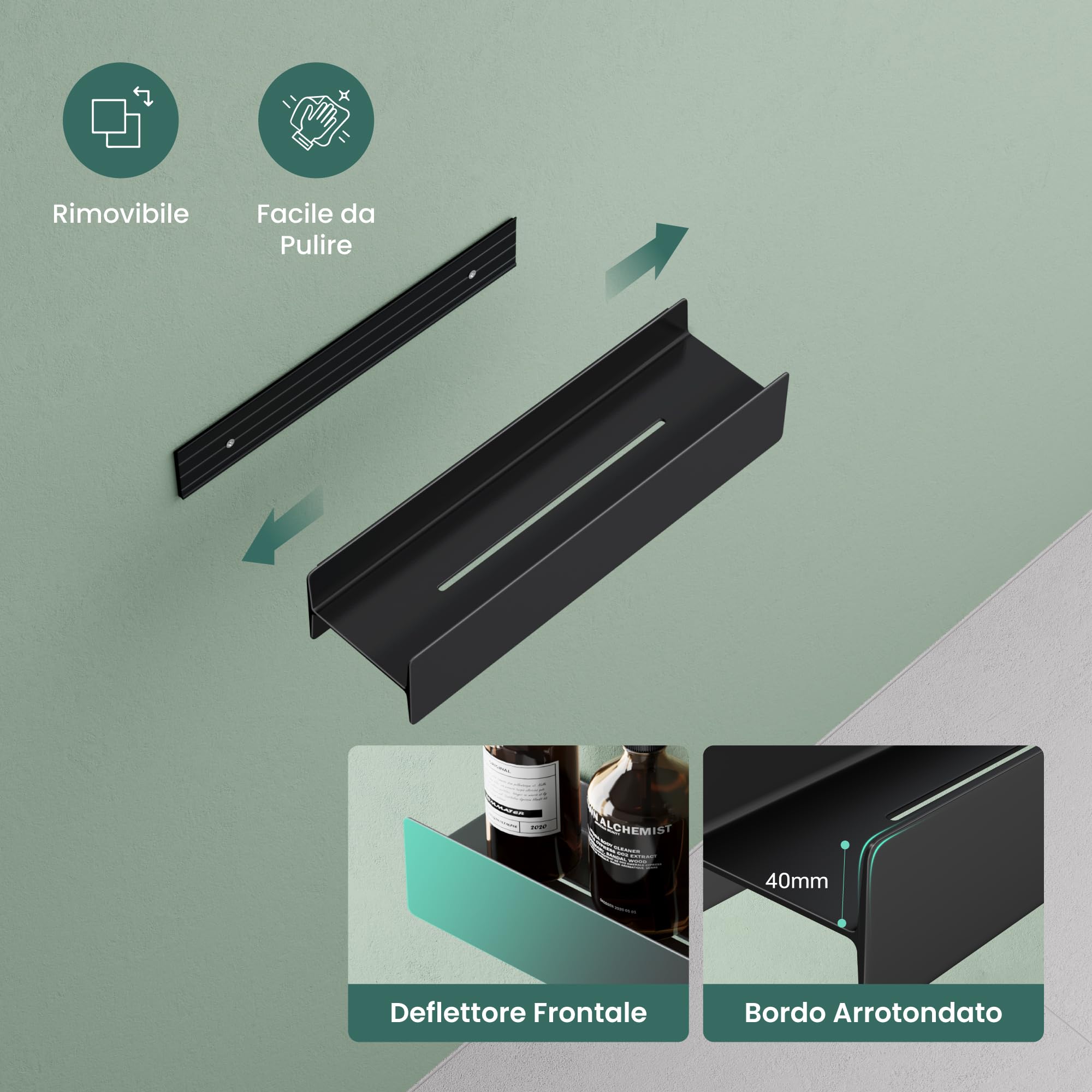 Mai & Mai Mensola da Parete Multifunzionale 40cm, Nero Opaco | Mensola per Doccia, Lega di Alluminio-Magnesio, Antiruggine Mensola da Appendere per Bagno e Cucina, Rimovibile, Reglo-03