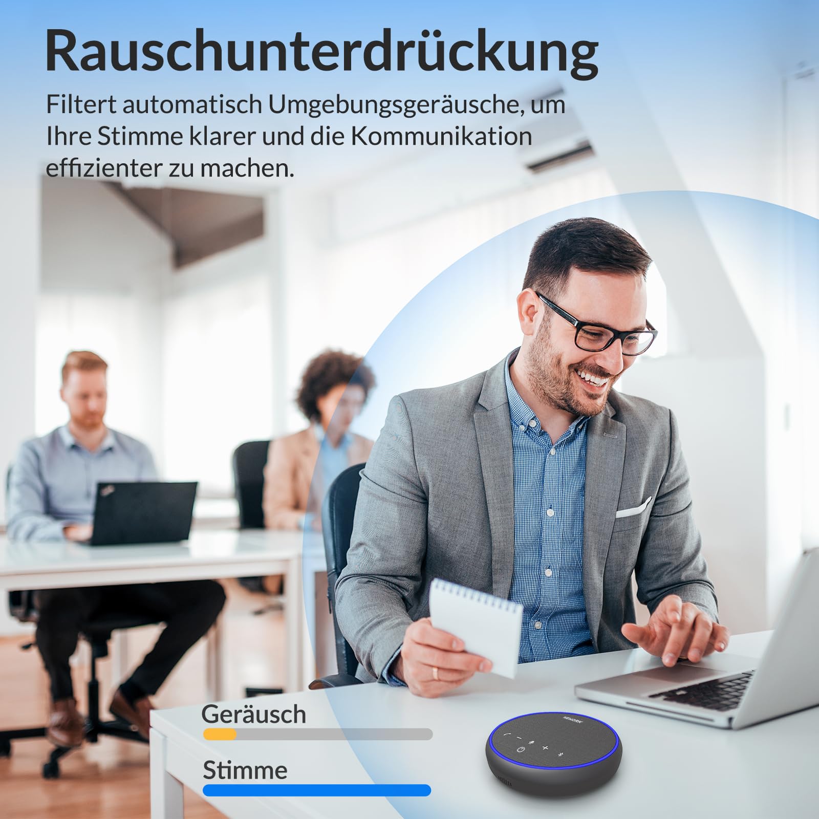 Bluetooth Konferenzlautsprecher mit 3 KI-Mikrofonen, 360° Sprachaufnahme und Geräuschunterdrückung, 12h Akkulaufzeit, tragbare Freisprecheinrichtung für Meetings, Zoom, Teams und Home Office
