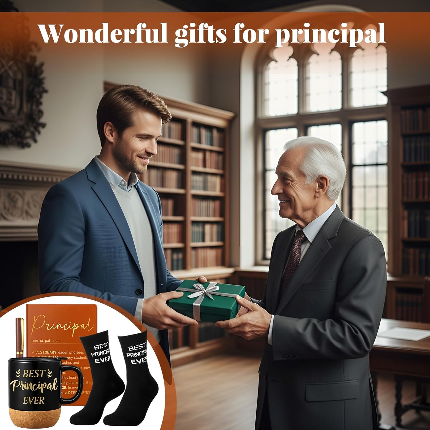 4 Pcs Principal Appreciation Gifts for Men 14 oz Best Principal Ever Coffee Mug with Lid Thank You Leather Notebook Pen Funny Socks for Principals Day Christmas Birthday Retirement - Image 6