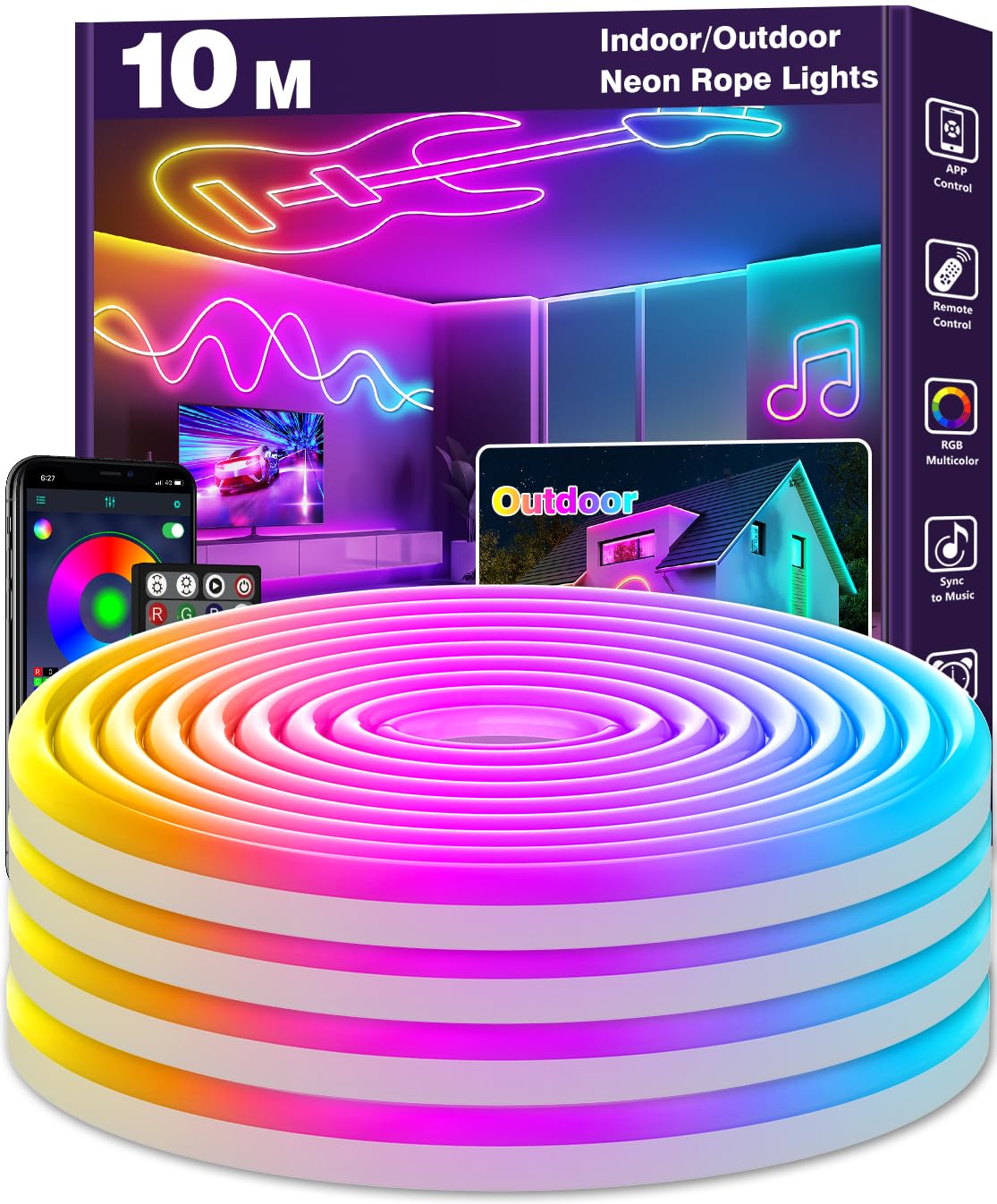 10M Neon LED Strip, Flexible LED Strips, RGB Control with App/Remote, Waterproof, Music Sync Gaming Strip Lights for Bedroom Indoor, IP65 Outdoor RGB Neon Lights,Multiple Modes