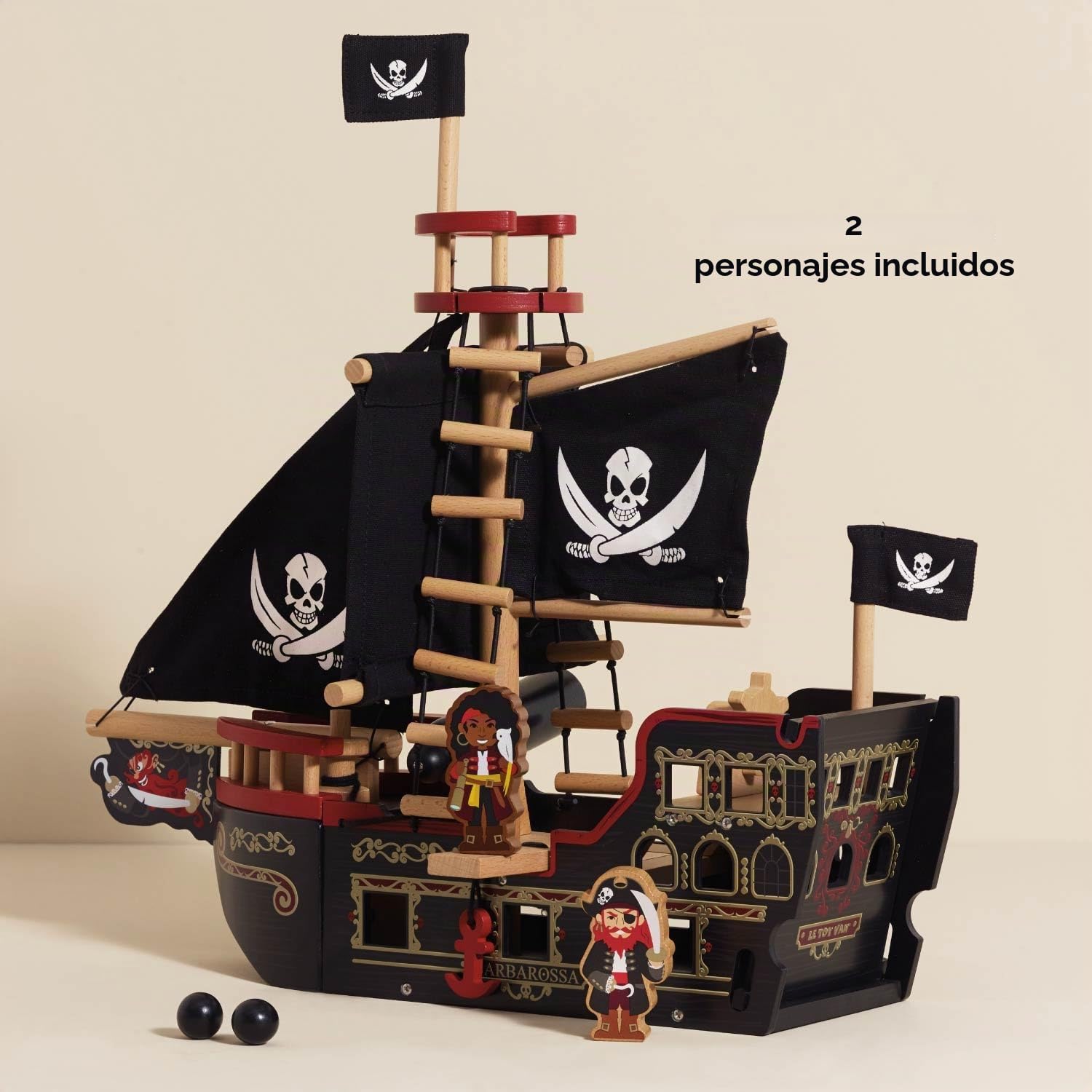Le Toy Van - TV246 - Juego de Madera Galeón Pirata 3 años, Barco Pirata de Barbarroja, 2 Piratas incluidos, Brilla en la Oscuridad, 48 x 24 x 49 cm, Juegos ecológicos Montessori