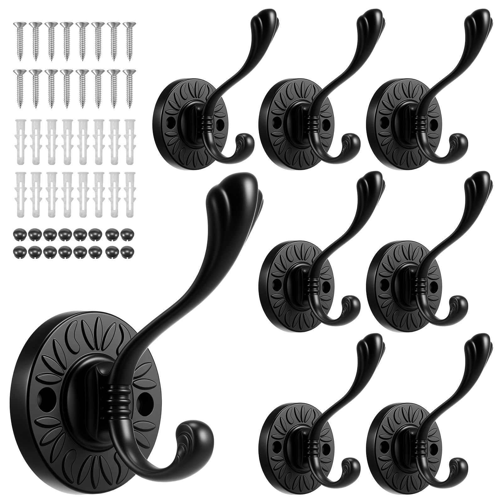 Ktcina Black 8Pcs Coat Hooks, Double Prong Coat Hangers Wall Mounted Towel Hooks With Screws Heavy Duty Metal Hanger Wall Hook For Clothes, Backpack, Purse, Robe, Key, Hat & Closet
