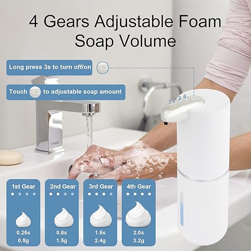 Miniatura 5 de Dispensador de jabón de espuma, recargable, sin contacto, 4 niveles ajustables, 4 indicadores de potencia, 13.4 onzas, adecuado para cocina y baño