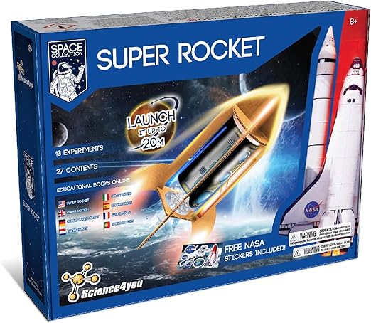 Science4you NASA Super Rocket Launcher - Space Game with 13 Experiments for Kids, Make Your Own Scientific Rockets and Launch Them up to 20 Metres High, Gift for Boys and Girls 8+ Years Old