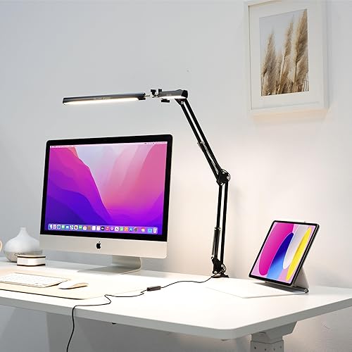 Miniatura 1 de Lámpara de escritorio LED de doble cabezal, cobertura ultra ancha para espacios de trabajo de 72 pulgadas, cuidado de los ojos, ajustable en 360,