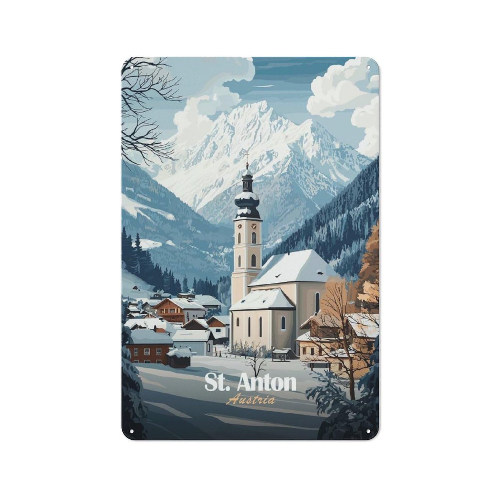 St. Anton Austria Winter Village Classic Metal Wall Decor 30x20cm, Office Metal Sign for Workspace, Cafe, Shop Or Desk Area