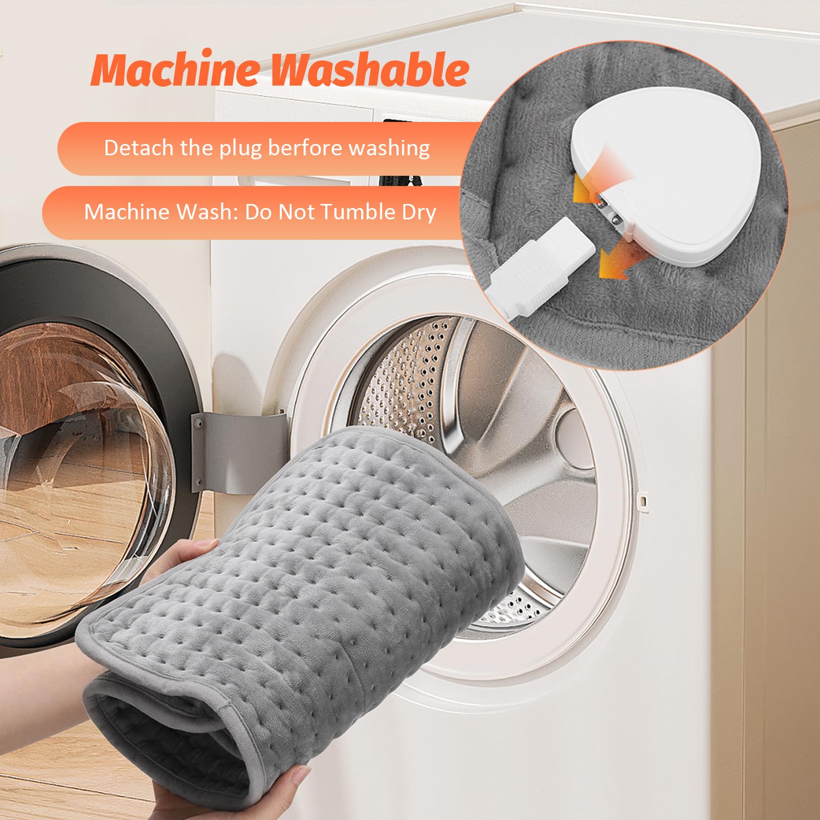 Cojín de Calentamiento Eléctrico, Correa de Calentamiento Lumbar Inalámbrico, Cojín de Calentamiento de Máquina Lavable en 40 ° C a 60 ° C, 125x30cm Gris