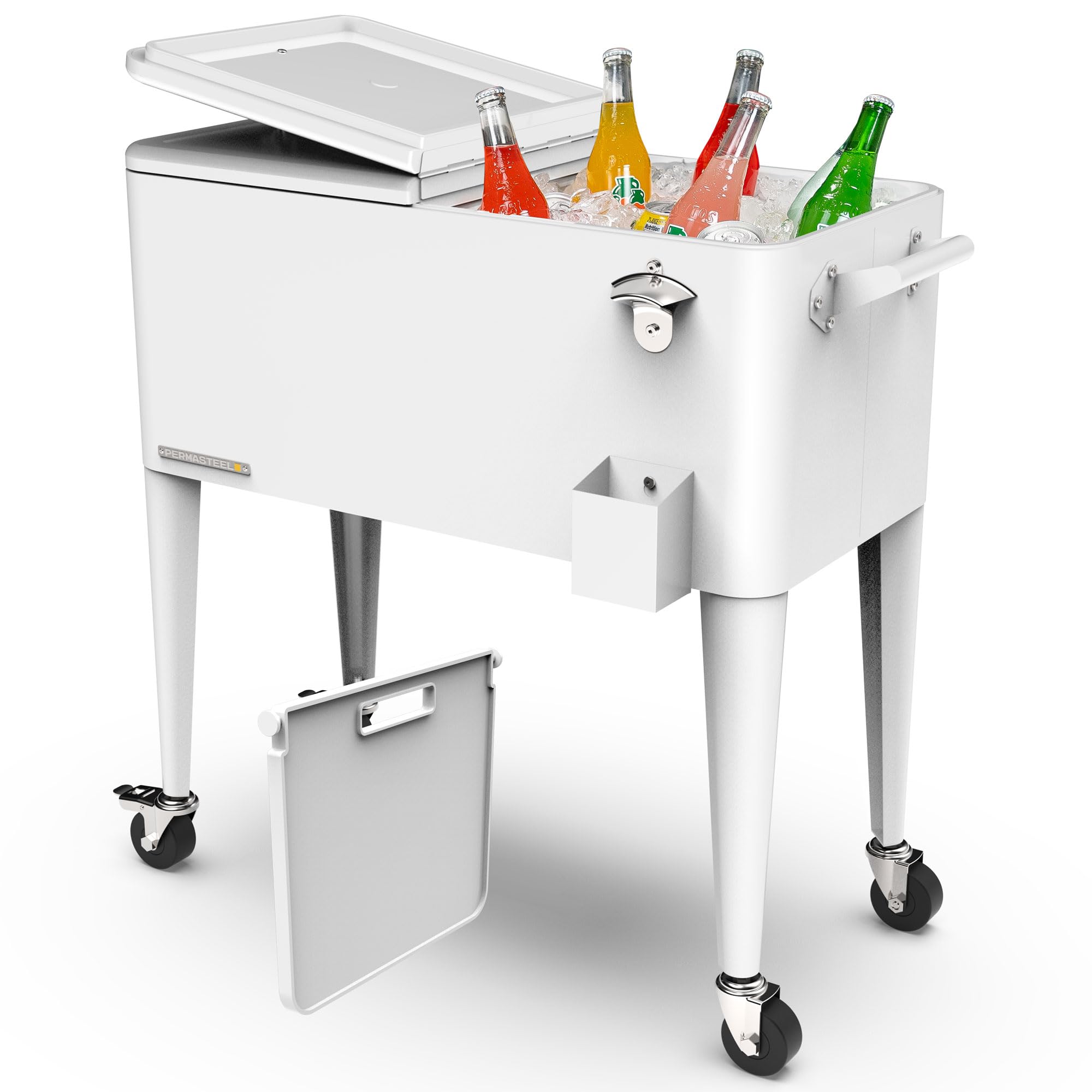 permasteel party cooler with divider, spacious 80-qt capacity, chills 36hrs, serving tray, rolling ice chest for indoor and outdoor entertainment