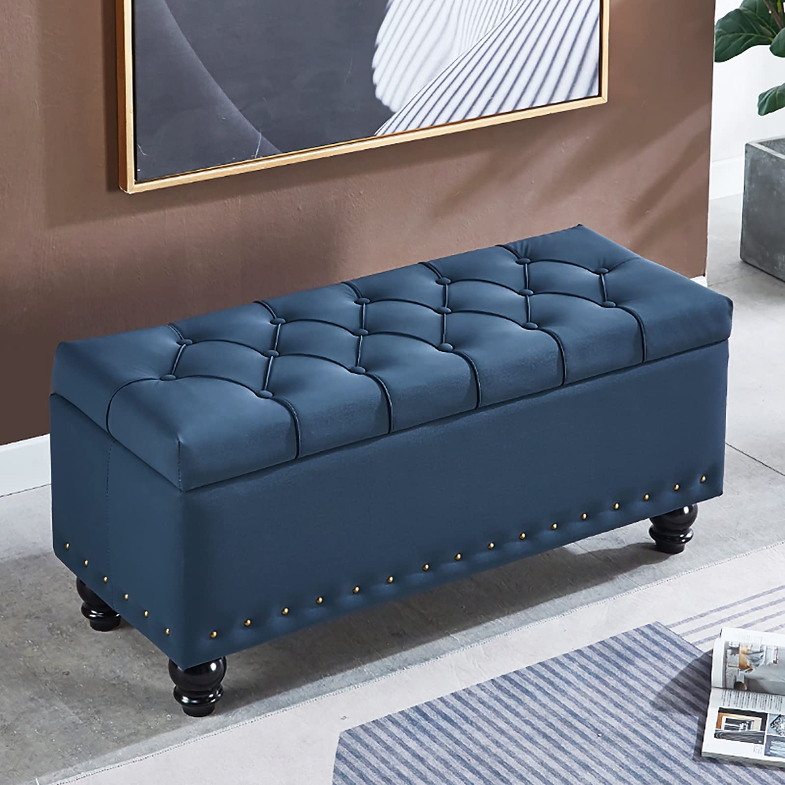 WJFTODAY Blue Faux Leather Shoe Storage Bench Ottoman Padded End of Bed Furniture Stylish Foot Stool for Living Room & Bedroom Functional Storage Solution 80x40x45 cm