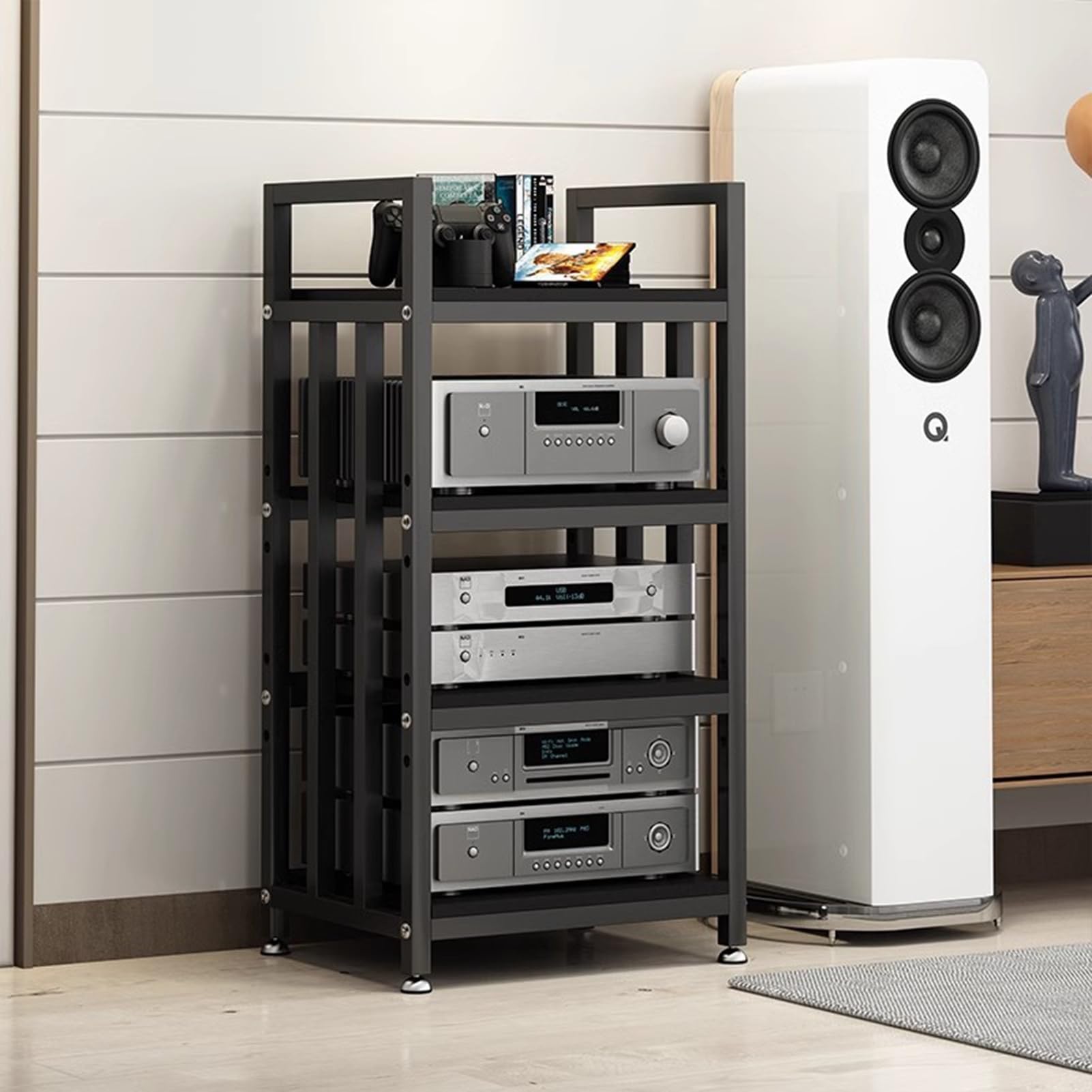 ROHCGHC Audio Rack Tower, HiFi Rack Audio Component Cabinet 4-tier, Video Media Stand Tower for Studio, Electronics Equipment Shelf Storage(Black Frame+black Board)