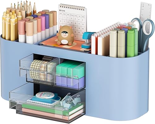 Marbrasse Organizador de escritorio con 3 cajones, soporte multifuncional para lápices, organizadores de escritorio y accesorios con 7