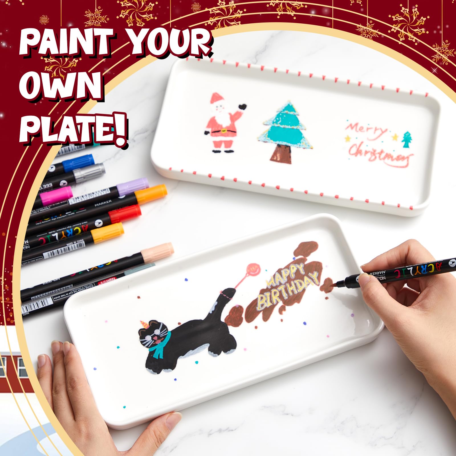 Sinmoe Set Pintura de Cerámica DIY 3 Platos de Cerámica Bandeja de Servir Blanca 12 Bolígrafos de Porcelana de Lavavajillas Caja de Regalo para Navidad Pareja Amigas Familia (Rectangular, 10 Pulgadas)