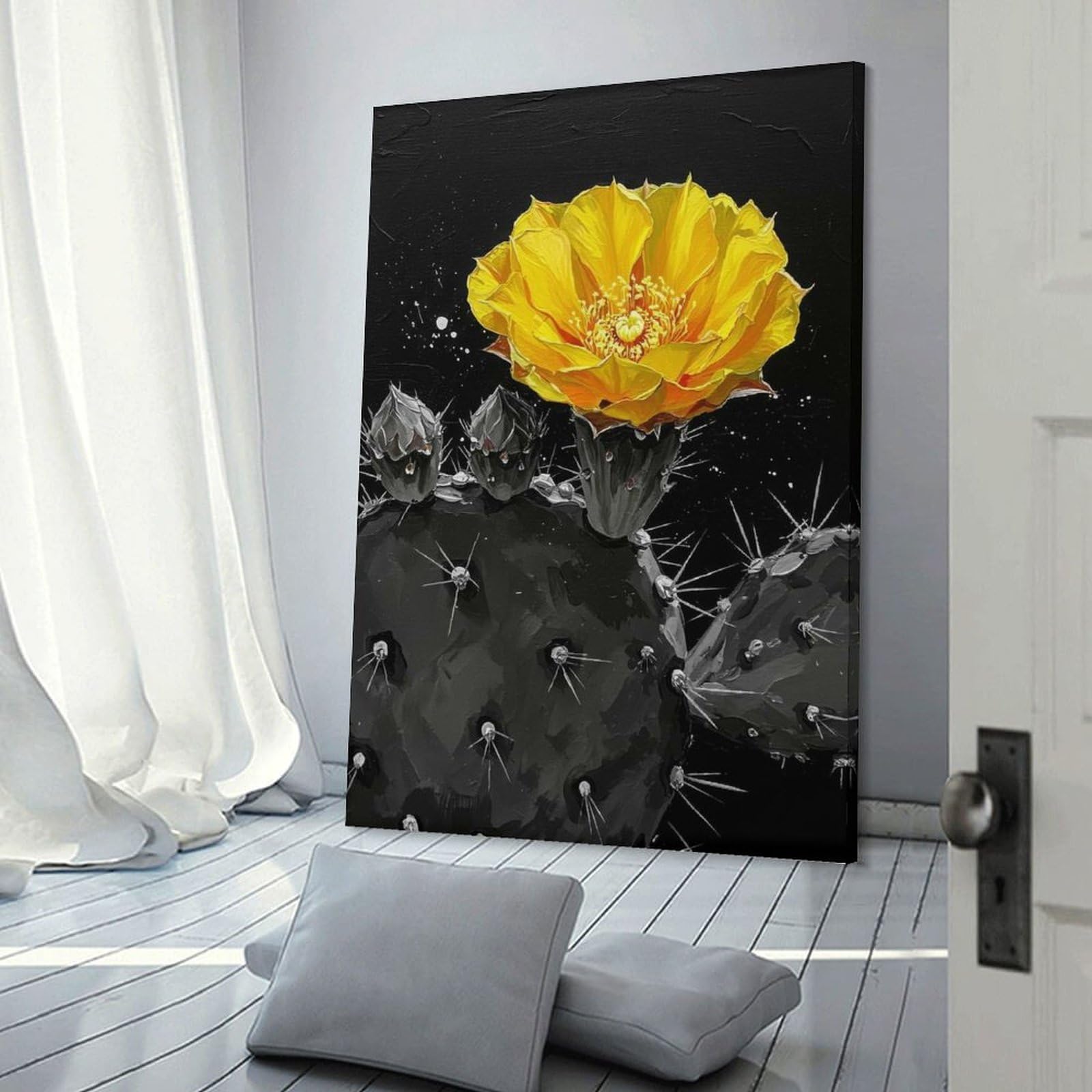 Junmoney Frame-Style-16 Yellow Cactus Flower On Black Background Canvas Wall Picture, 12X18inch(30X45cm), For Study, Office Or Focused Interiors, Home Office Artwork With Decorative Appeal