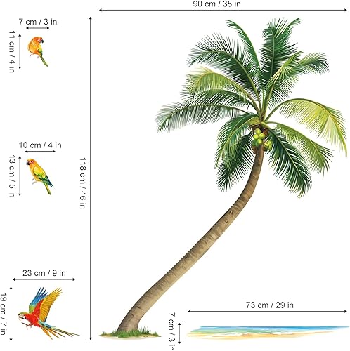 Miniatura 4 de wondever Calcomanías de pared de palmera, plantas tropicales, pájaros, despegar y pegar, calcomanías artísticas para pared de sala de estar,