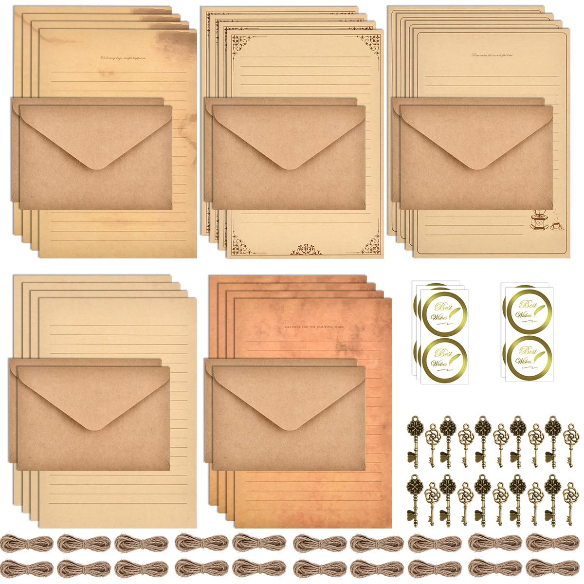 Vintage Letter Writing Paper and Envelopes Set 60PCS, Vintage Stationary Paper - 20 Sheets A5 Vintage Letter Papers, 10 Kraft Envelopes, 10 Retro Keys, 10 Hemp Rope,10 Stickers for Letters Invitations