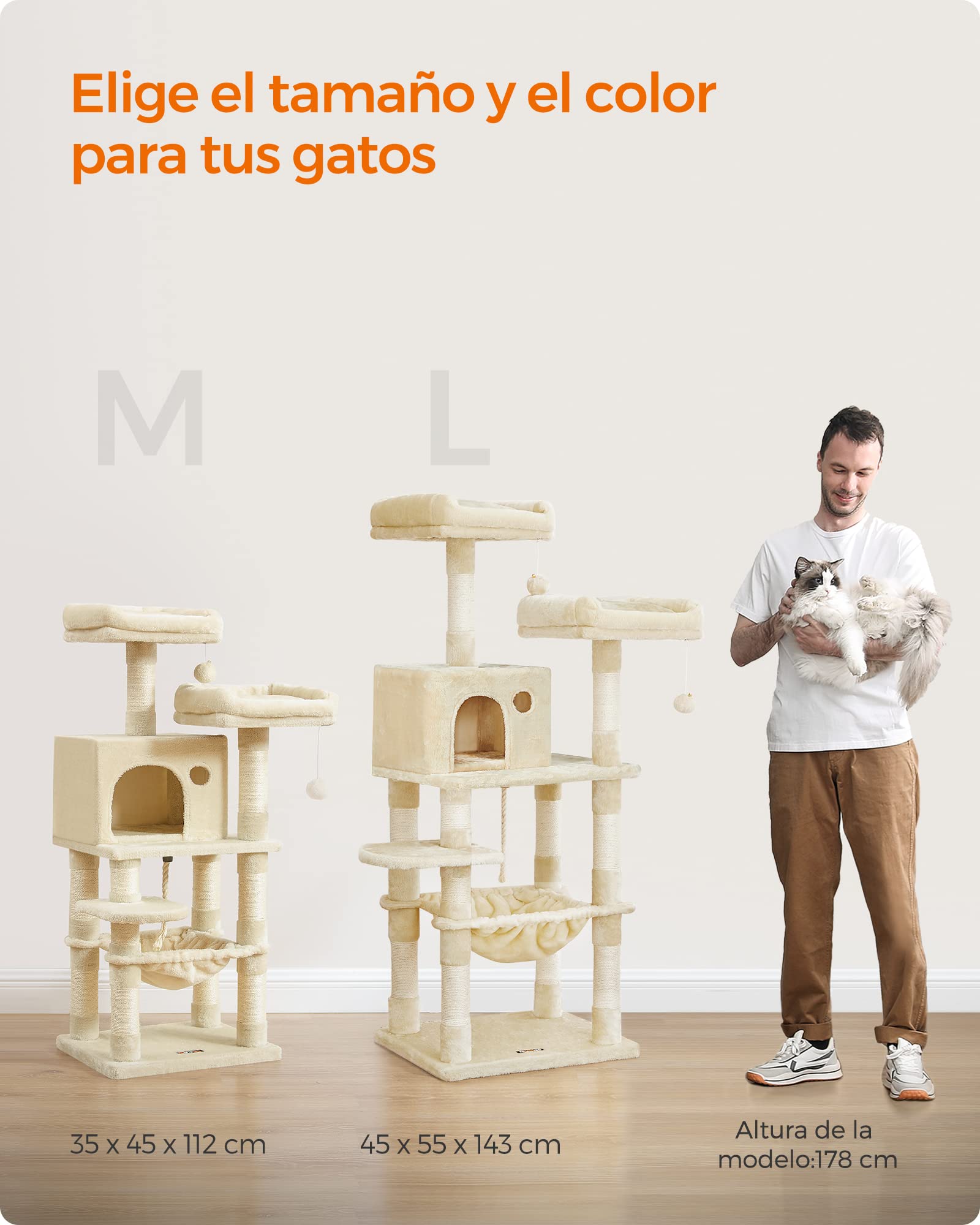 Feandrea Albero per Gatti Alto 112 cm, Tiragraffi per Gatti, con 11 Pali Graffiatoi, 2 Posatoi, 1 Grotta, 1 Amaca, 2 Pompon, in Peluche a Più Livelli, Beige PCT215M01